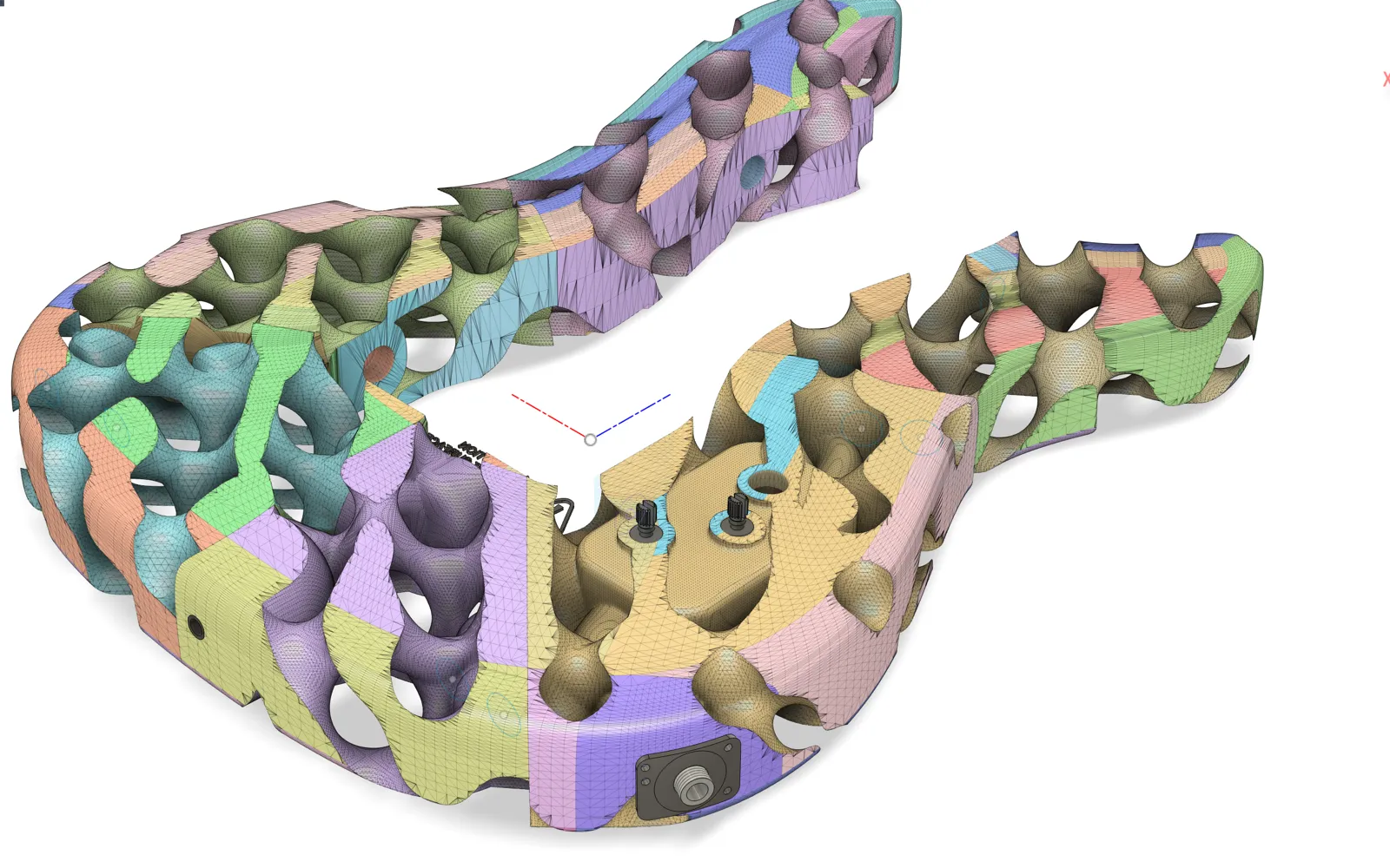 Modular segmentation — 3 pieces. Exploded view of the three modules: PA-CF central core (center) and PLA wings (sides), with the dovetail joints visible
