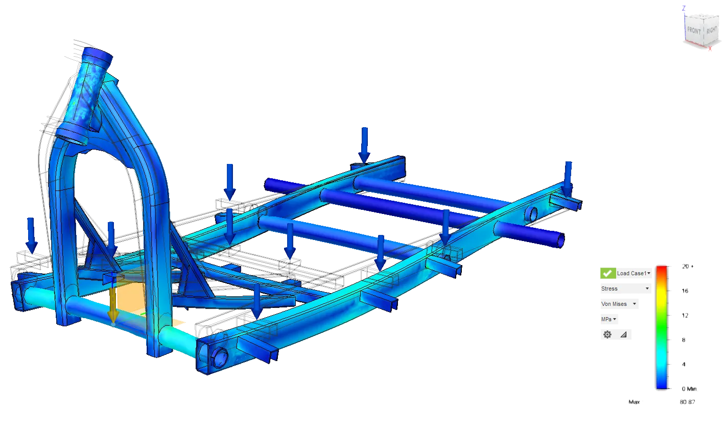 Frame FEA — full Von Mises. Von Mises stress map over the complete frame. Red zones at the engine mount nodes. Scale in MPa, combined load condition.
