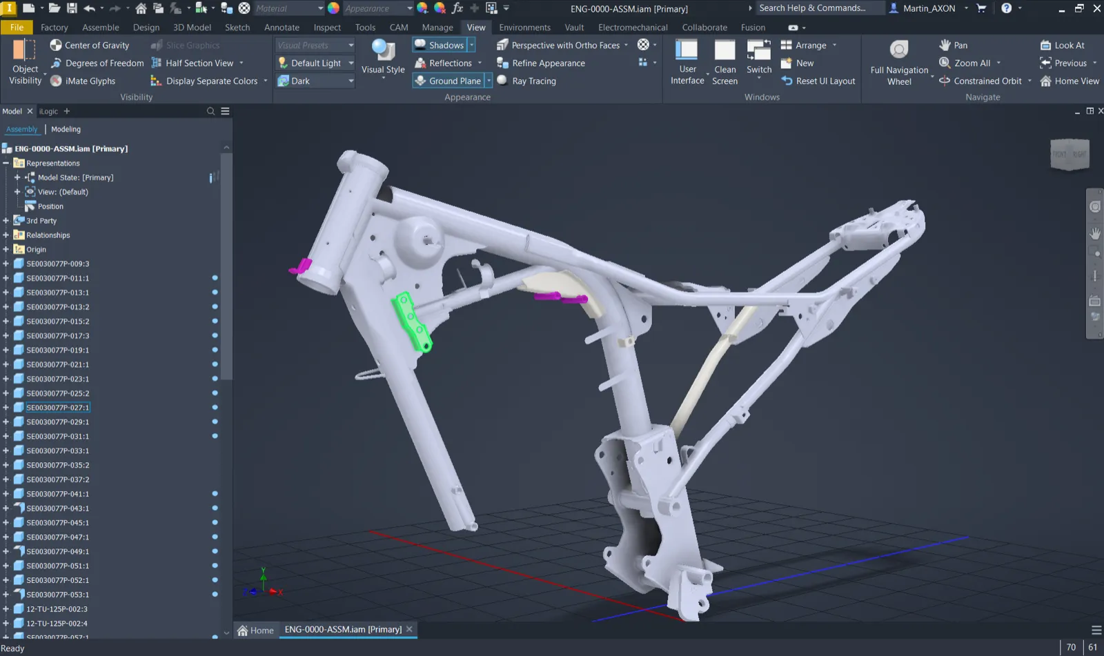 CAD model — Autodesk Inventor. Frame rebuilt as a parametric solid body in Autodesk Inventor — design-intent geometry with the feature tree visible.