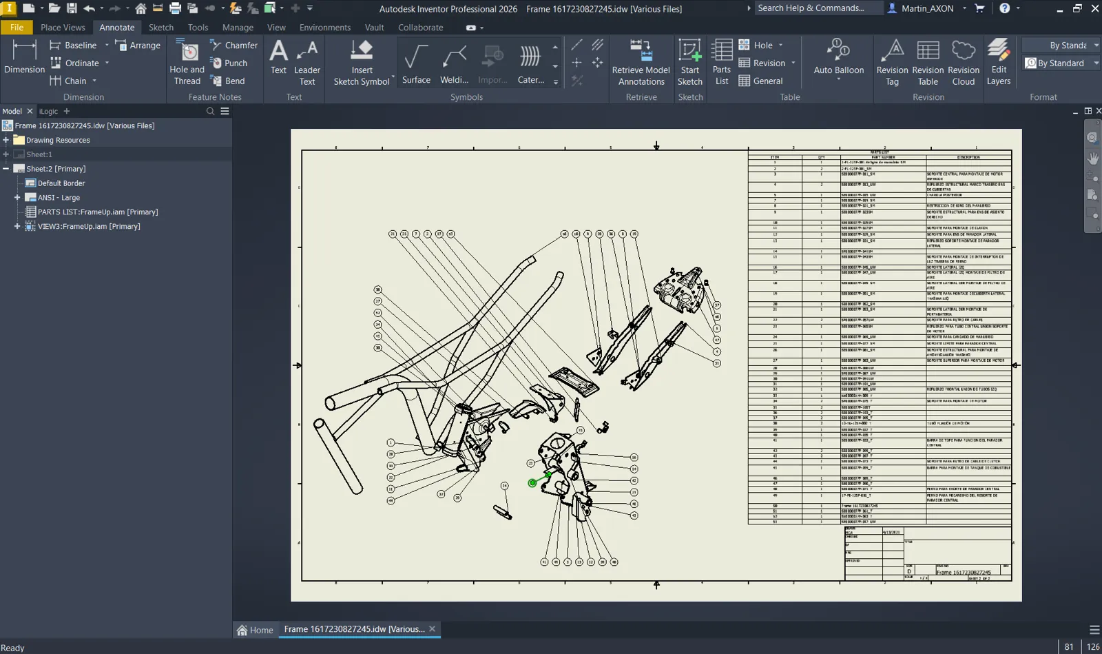 GD&T manufacturing drawing. Technical drawing of the frame with GD&T dimensioning — form, orientation and position tolerances for tendering to domestic manufacturing shops.