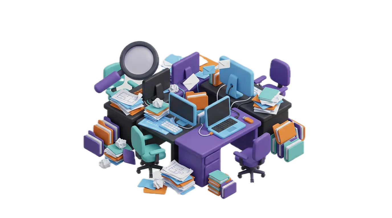 Engineering team with scattered files, emails and USB drives